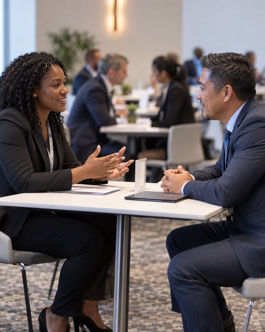 Two attendees in conversation across a table at the Reverse Expo