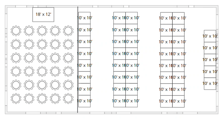 Exhibit hall floor plan showing booths 101 through 145